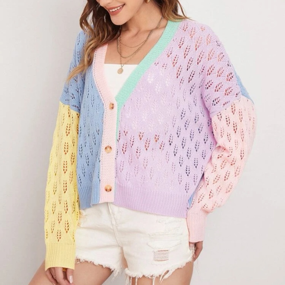 SHEIN Pastel Multi-Colored Button Front Drop Shoulder Colorblock Cardigan